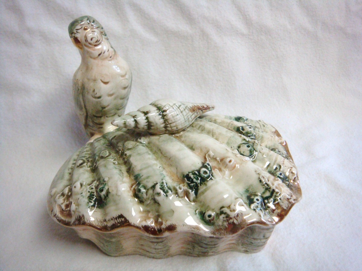 ceramic cigarette box 1950s With Matching Ashtrays - As Is Pretty PARROT & SEASHELL Vintage