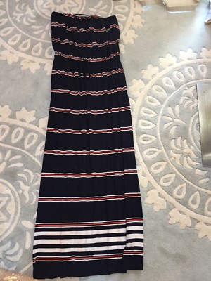 J. Crew Navy Blue Orange White Maxi Strapless Dress Stretch Knit XS  Excellent | eBay