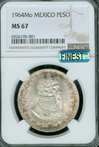 1964 MEXICO SILVER MORELOS PESO NGC MS67 PQ MAC FINEST GRADE LIGHT TONING *