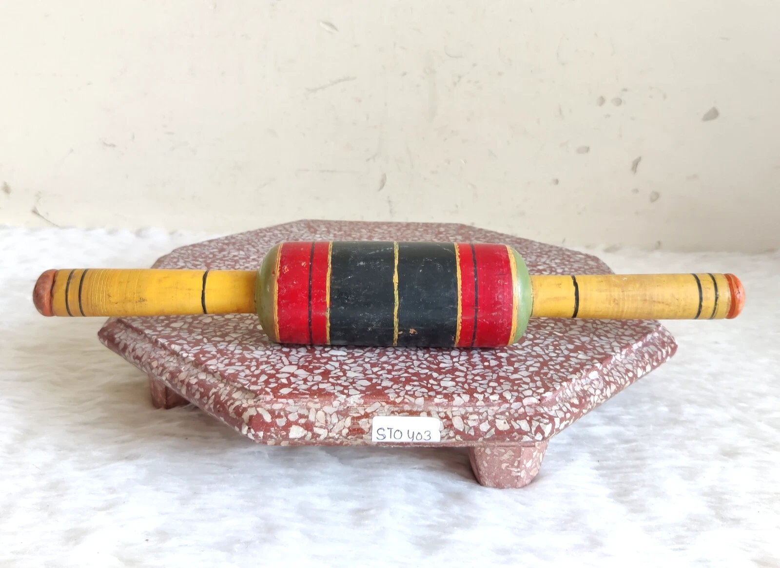 Antique Tortilla Bread Bakers Wooden Rolling Pin Octagonal Stone Board STO403