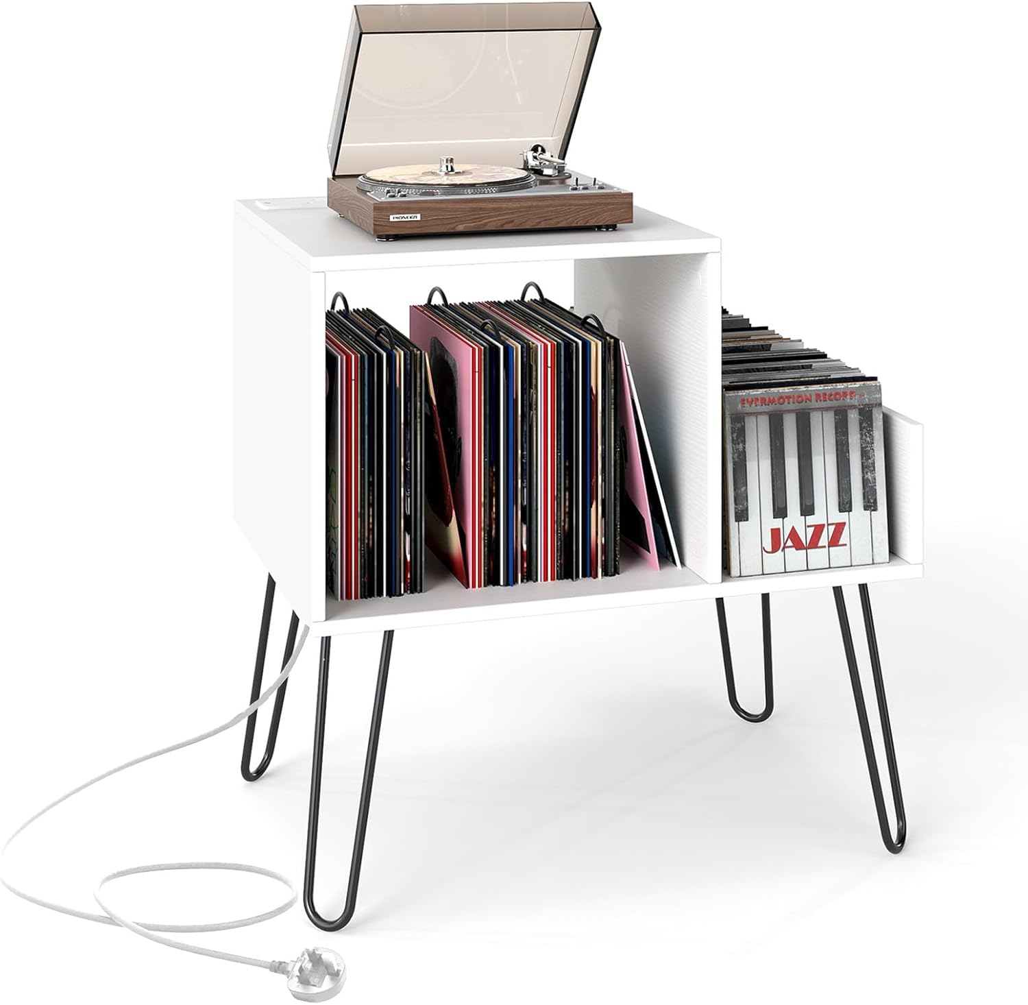 Record Player Stand Vinyl Storage Cabinet with Charging Station Rustic Wood
