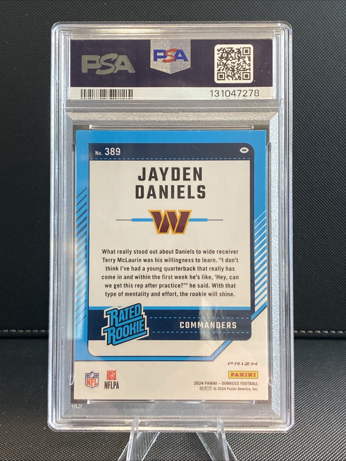 2024 Panini Donruss Optic Preview Jayden Daniels Holo Rated Rookie #389 PSA 10 view 2