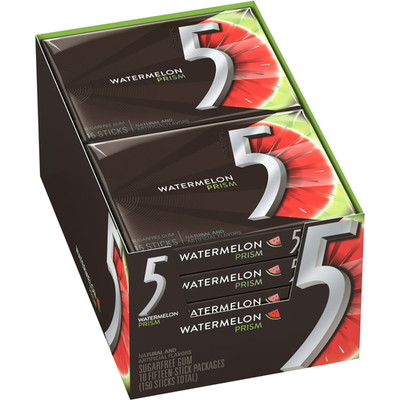 5 Gum Watermelon Prism Sugarfree Gum, 10 Packs Of 15 Count date 2027