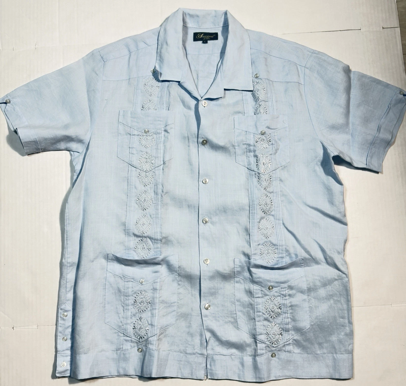 Successo Uomo by Phita 100% Linen Shirt Embroidered Mesh Short Sleeve Men's L
