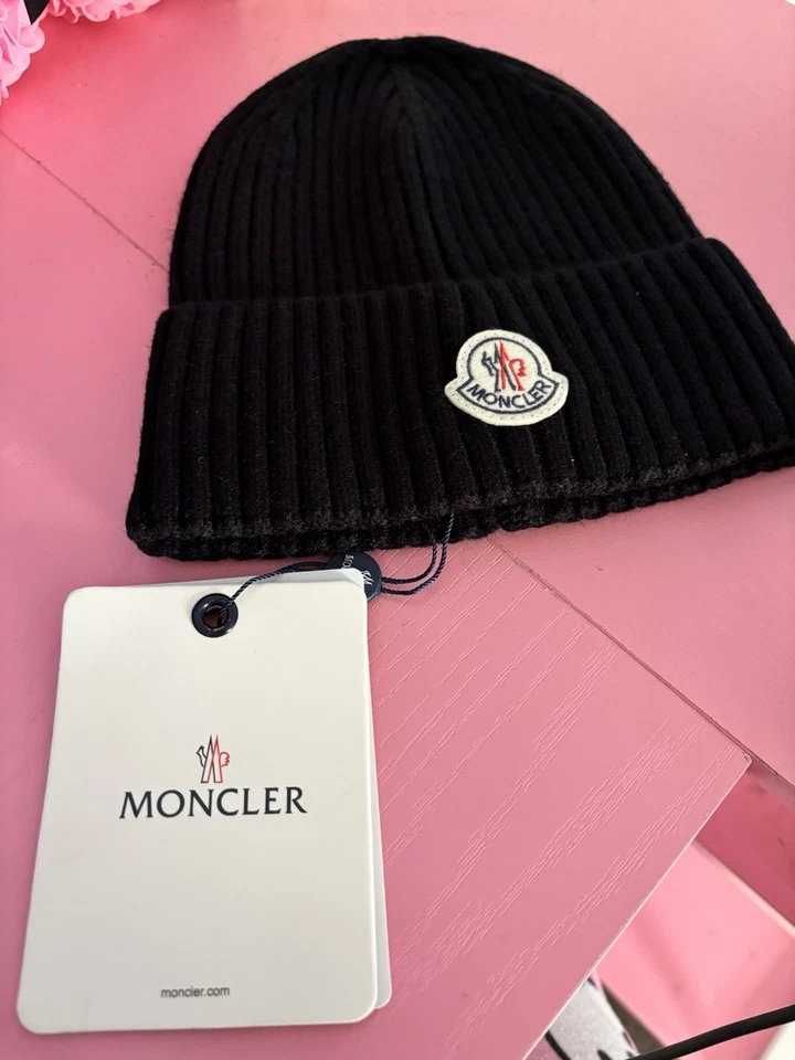 Moncler Negro Tejido Gorro Sombrero Invierno Gorra Forro Polar Foto 2 de 2