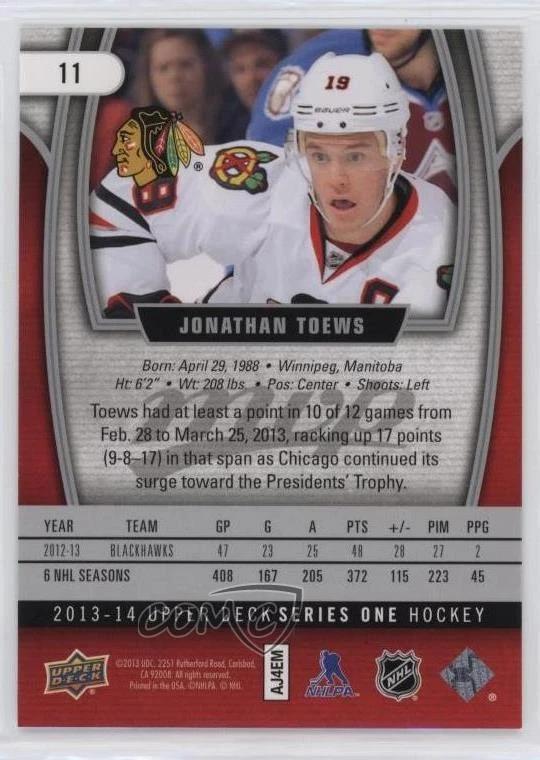 2013-14 Upper Deck MVP Jonathan Toews #11 - Image 2 of 2