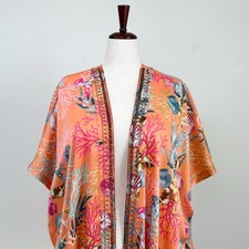 Chico's Coral Reef Beaded Tropical Satin Ruana Cover-Up Kimono L/XL