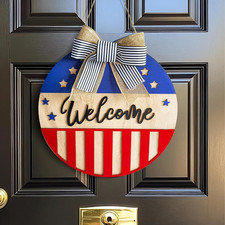 4th of July Welcome Door Wreath Patriotic Wooden Sign Star Red White Blue with S