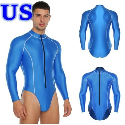 US Men's Oil Silky Bodysuit Active Base Layers Underwear Zipper Front Leotard