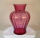 Vintage 1980s Blenko Pilgrim Cranberry Glass Optic Ribbed Vase w/ Ruffled Edges