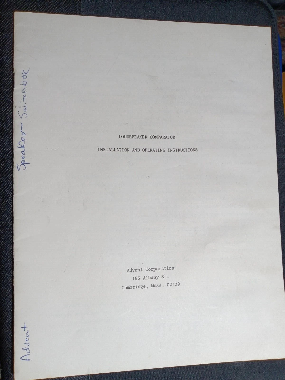 ADVENT Loudspeaker Comparator Owners Service Manual Installation Manual