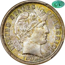 Finest 1908-D 10C MS67+ CACG EX BLAY CAC Barber Dime