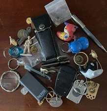 Vintage Estate JUNK DRAWER Lot Pins Keychains Metals Parker Pen Whistles