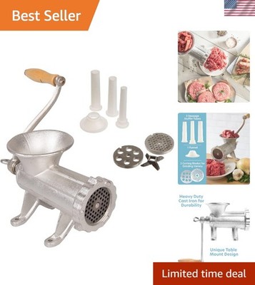 Heavy Duty Cast Iron Manual Meat Grinder with Sausage Funnel & 2 Cutting Disks