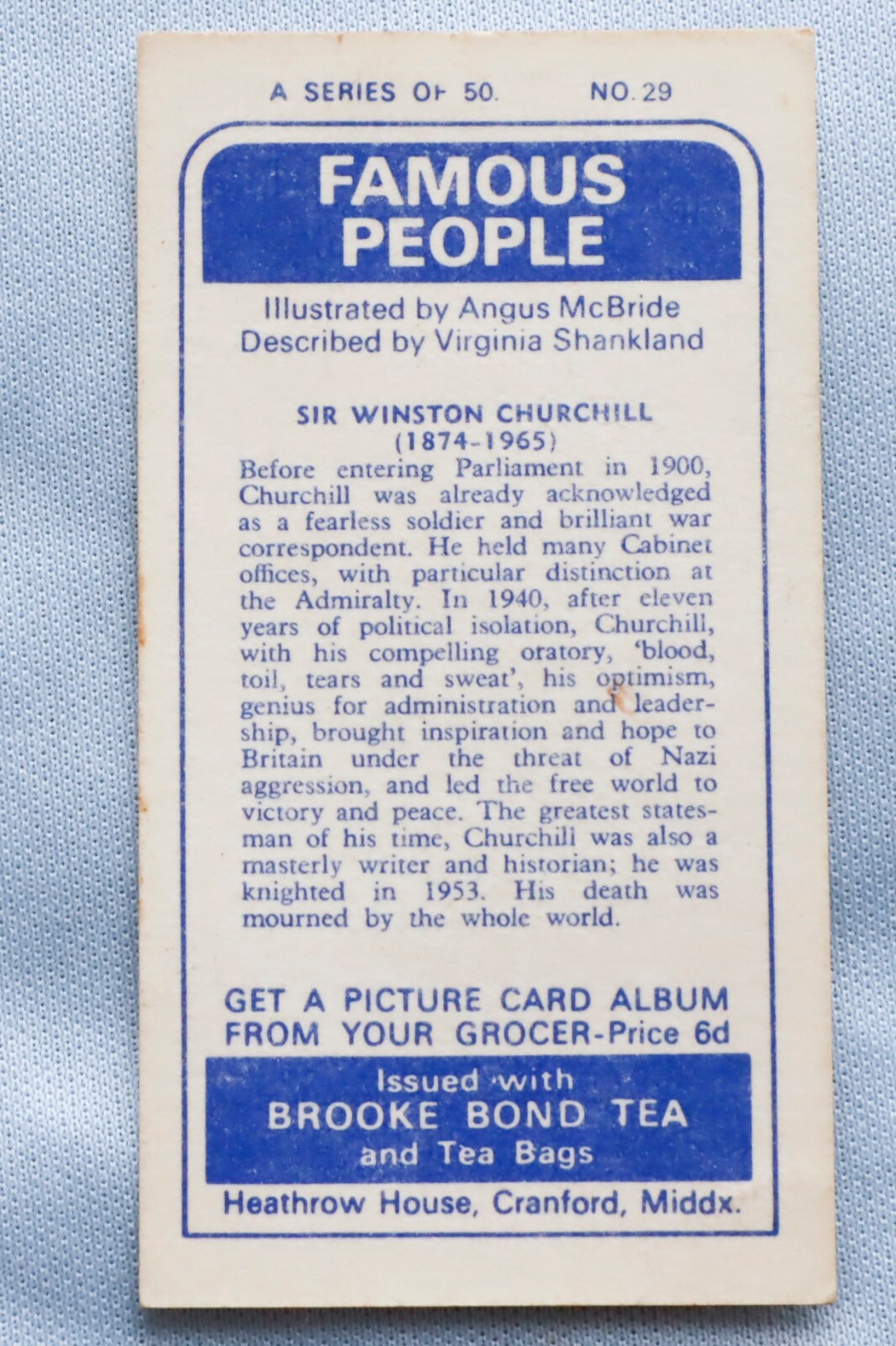 1960's Brooke Bond Tea Famous People Britain Winston Churchill Trading Card