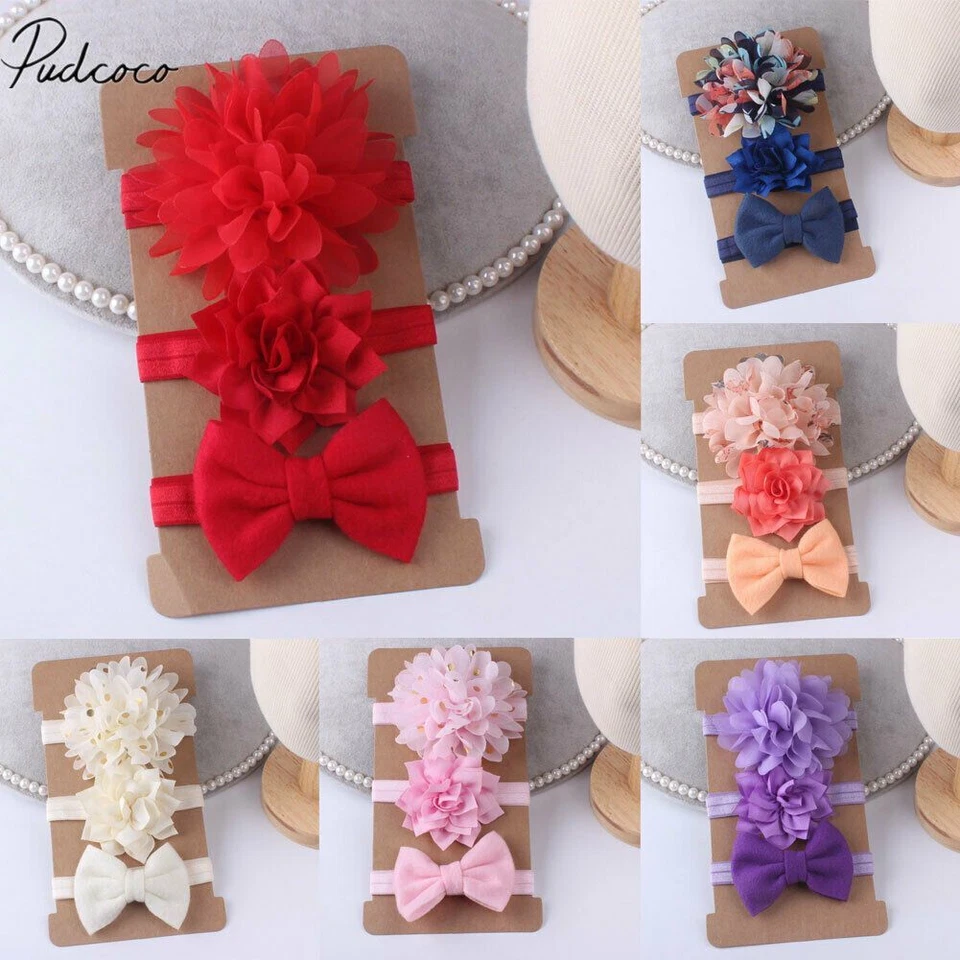 Diademas con moño para bebé - para diademas de niña recién nacida accesorios de banda para el cabello de niño pequeño 3 piezas/juego Foto 2 de 4