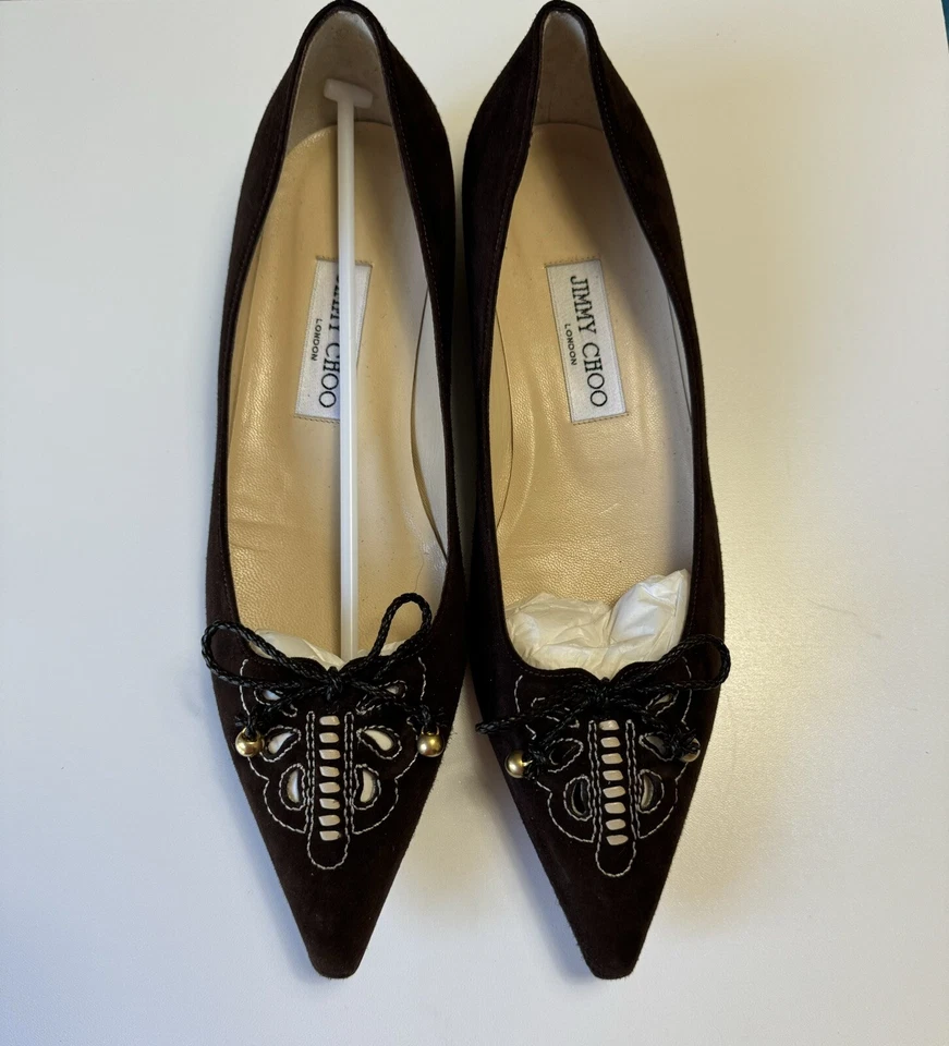 Bailarina Jimmy Choo Vintage Punta Punta Mariposa Plana Marrón Gamuza Talla 38 1/2 Foto 2 de 4