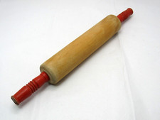 Vintage Wood Rolling Pin w/ ORANGE Ribbed Handles RARE