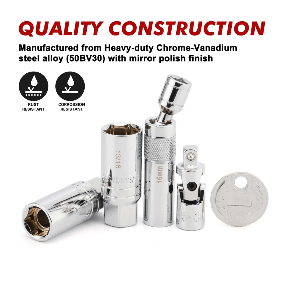 10PCS 3/8"Drive Magnetic Spark Plug Socket Set 6PT&12PT Extension Bar CR-V Steel - Image 3 of 4