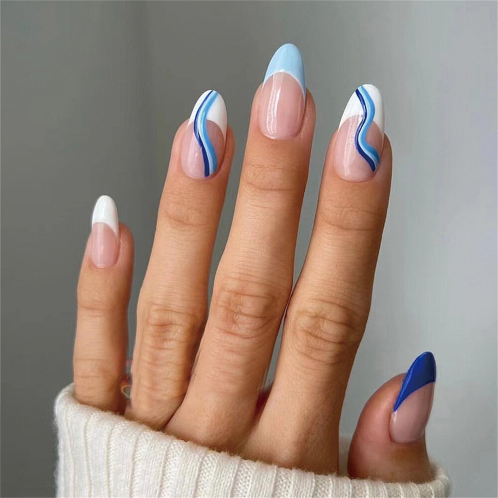 Nymora French Tips Nägel Zum Aufkleben – 24 Stück, Blau-Weiß Mit Blumen & Glitzer