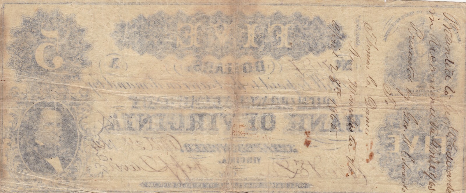1864 $5 THE TRANS-ALLEGHANY BANK OF VIRGINIA JEFFERSONVILLE, VA OBSOLETE