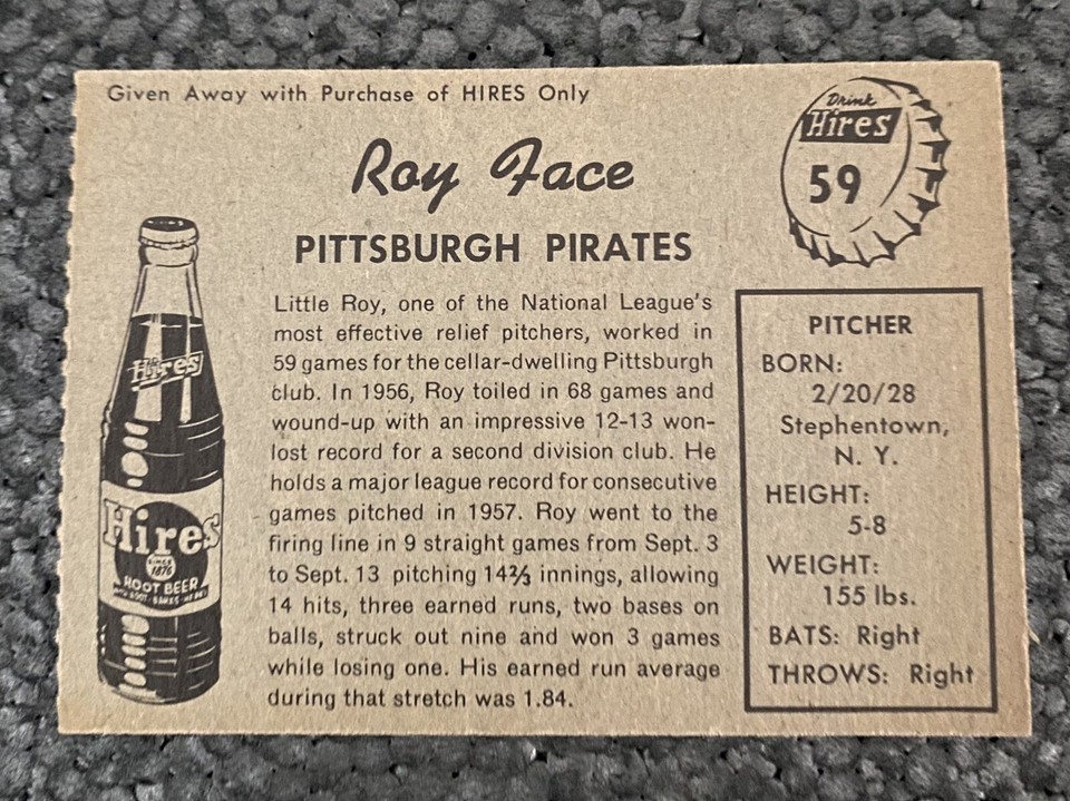 1958 hires root beer- #59 Roy Face. | eBay