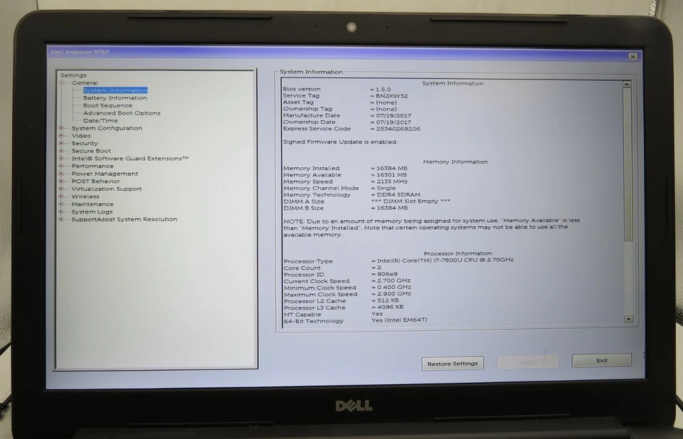 Dell Inspiron 17 5767-17.3"-i7-7500U@2.70GHz-16GB RAM-250GB 2.5 SSD-SIN OS *LEER* Foto 3 de 4