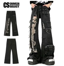 Y2K Mid Rise Washed Ripped Flared Cargo Jeans black Band Rock N Roll