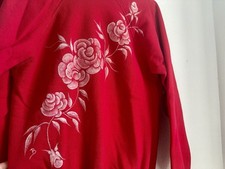 Vintage Red Hand Painted Rose Detail Crewneck Sweatshirt Glitter Accent