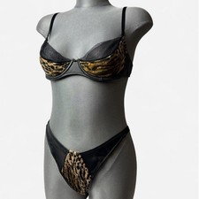 Vtg 90s Fredericks of Hollywood Leopard Faux Leather Bra Thong Set Sz 32B L