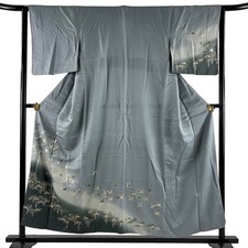 Silk Kimono Layered Grey Crane Pine M Used