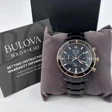 New Bulova Marine Star 98B302 Black Dial Men's Chronograph Quartz Watch 45mm