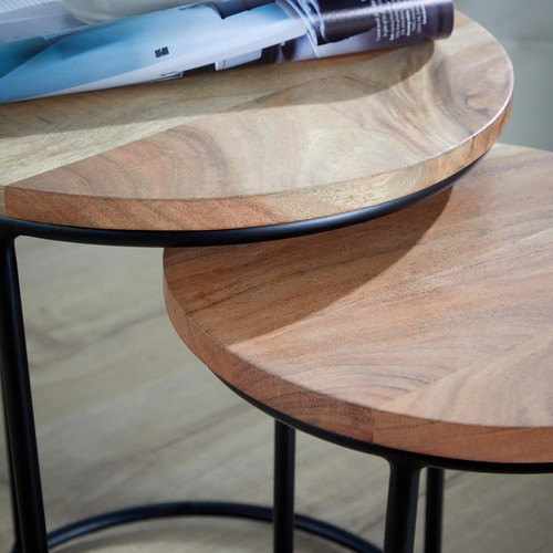 Nest 2 Tables Round Acacia Wood Tables Iron Legs Home Furniture Seconds - Picture 4 of 6