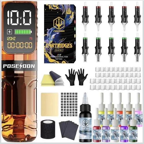 Poseidon Wireless Pen Tattoo Machine Pen Starter Kit Bundle (Translucent Orange) - product listing photo