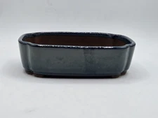 Bonsai Rectangle Pottery Planter Blue Green Glaze Drainage Holes