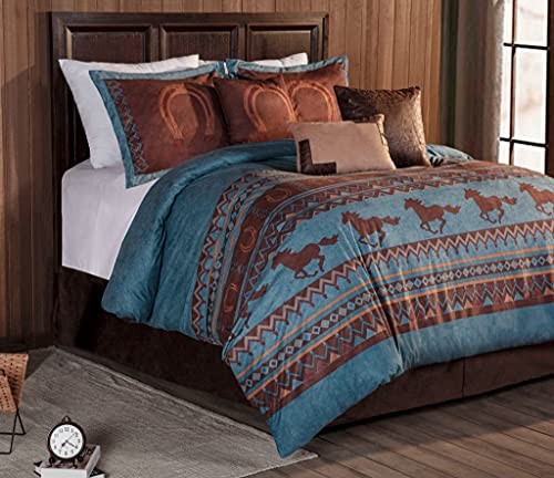 Sedona 7-Piece Southwestern Wild Horses Microsuede Queen Turquoise Blue