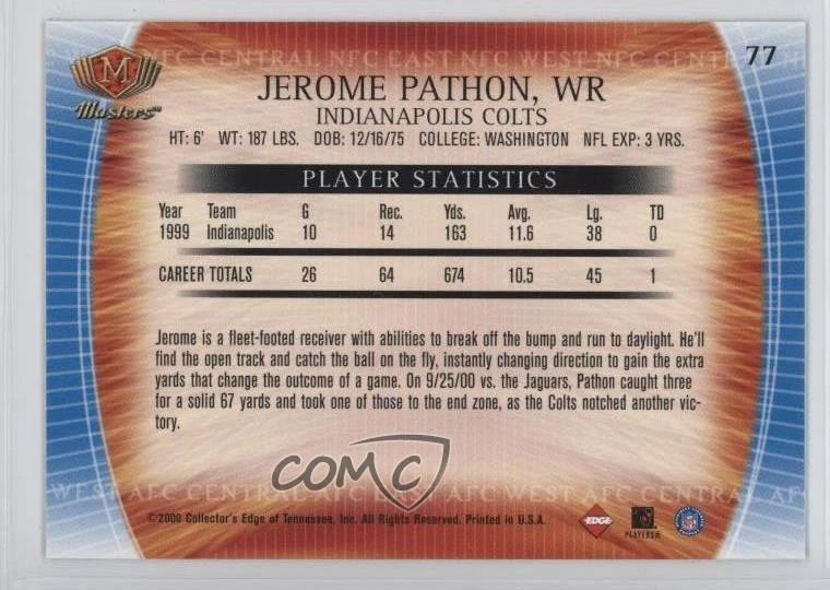 2000 Collector's Edge Masters Missing Foil and Serial N Jerome Pathon #77 - Image 2 of 2