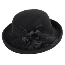 Women-Felt-Bowler-Fedora-Hat with Floral-Fascinator for Church Wedding Party