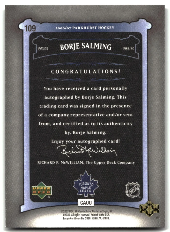 2006-07 Parkhurst #109 Borje Salming Autographs - Image 2 of 2