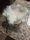 VTG Fenton Silver Crest White Milk Glass Footed Bowl Candy Dish Blue Ruffled