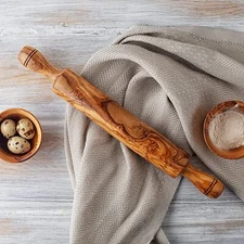 Olive Wood Classic Rolling Pin with Handle, Wooden Bread Roller Pin for Baking