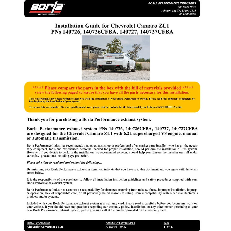 Escape trasero Borla 140726 tipo S Cat para Chevrolet Camaro ZL1 2017-2024 6,2 L V8 Foto 4 de 4