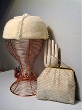 Ivory-White Fuzzy Pillbox-Rhinestone Bead Accents  Blue/Clear Corde Bead Purse