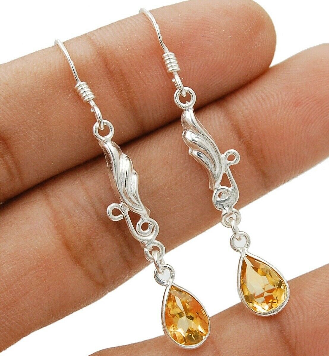 Natural Golden Citrine 925 Sterling Silver Earrings 1 7/8 Inch Long 19-5