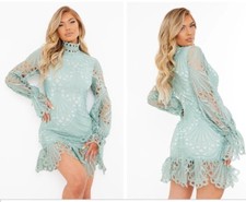 PrettyLittleThing High Neck Lace Long Sleeve Frill Bodycon Dresss