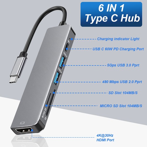 6 in1 USB Type C HD Output 4K HDMI USB 2.0 3.0 HUB Adapter For MacBook iPad NEW - Picture 3 of 14