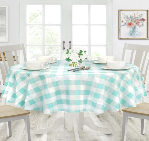 Blue Pastel Farmhouse Check Vinyl Tablecloth with Flannel Backing, Spring Gin...