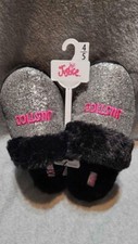 New With Tags Justice Girls 4/5 Slipper Black With Silver Sequin Pink Logo
