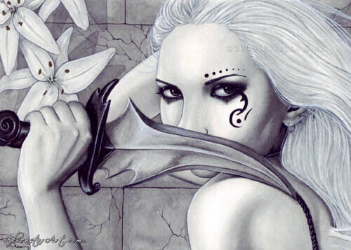 Fantasy Art PRINT Fee Gothic Messer Assassine Lilien weiß blasses Haar schwarze Fae - Bild 4 von 4