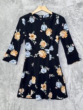 Talbots Dress Womens Petite Small Black Floral 3/4 Bell Sleeve Fit & Flare Short
